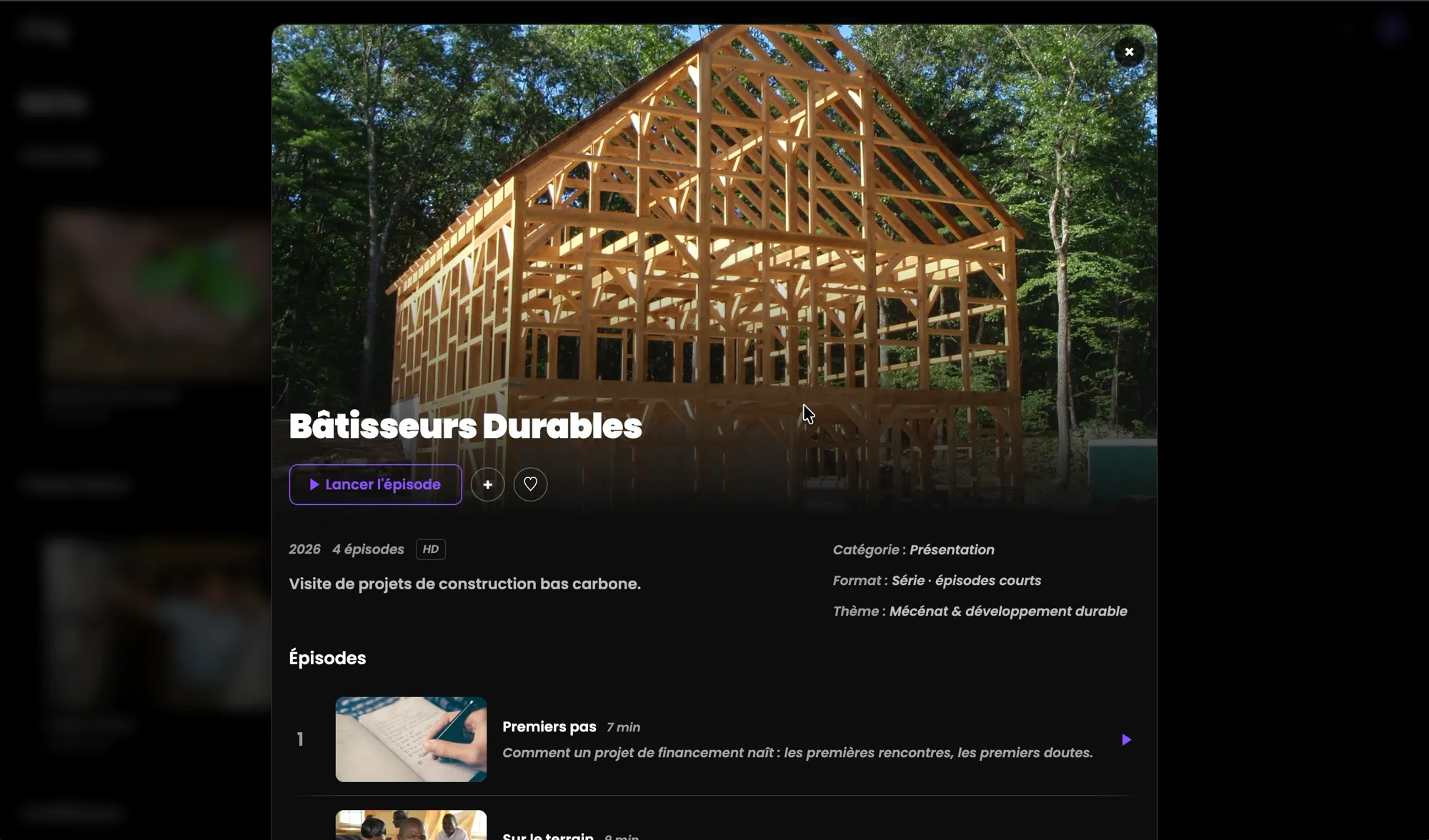 Fiche d'une série : sa catégorie, son format, son thème, puis la liste de ses épisodes avec leur durée.